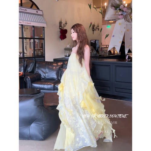 Freja 25春夏 花朵鱼骨抹胸层叠连衣裙 佩科里黄小花 品牌授权