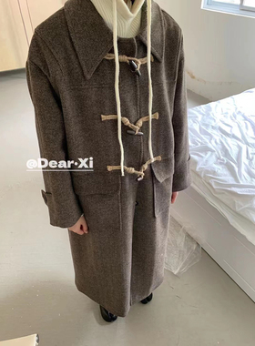 DEAR.XI灰色牛角扣羊毛呢子大衣女学院宽松小个子中长款毛呢外套