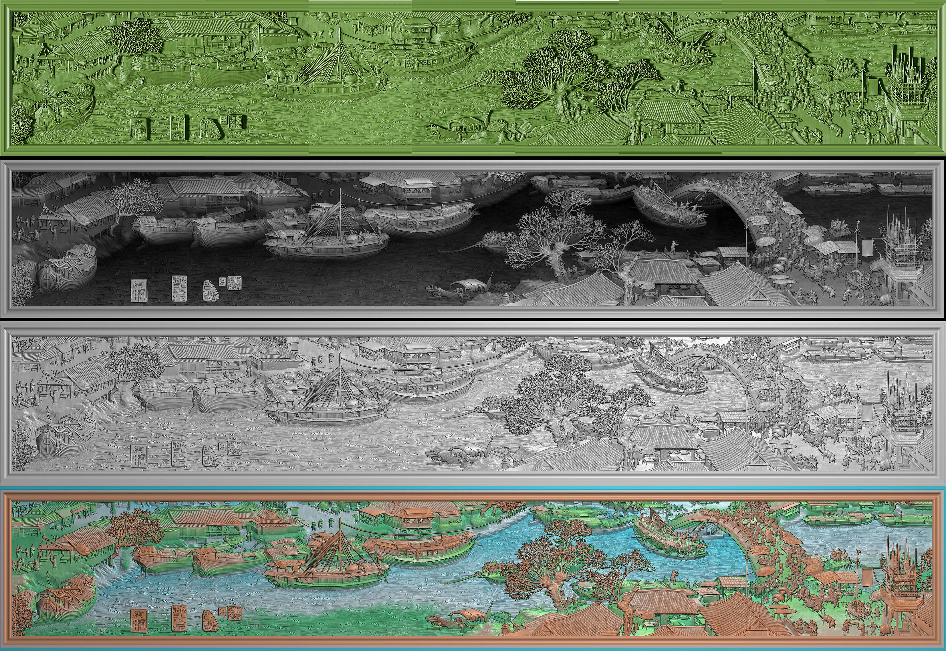完整版清明上河图精雕图浮雕图灰度图牌匾电脑雕刻长图山水船