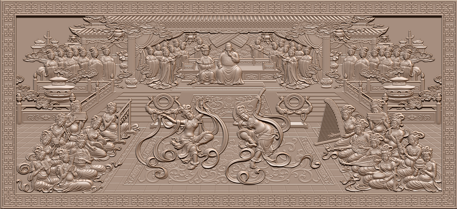 舞女精雕图古代人物仕女浮雕图扫描图灰度图浮雕图电脑雕刻图挂匾