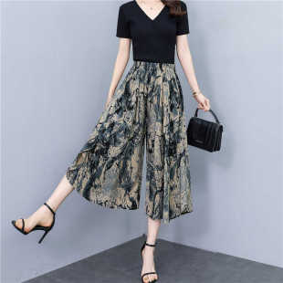 松紧腰阔腿裤 波西米亚大摆碎花七分裙裤 显瘦棉绸高腰薄款 新款 夏季