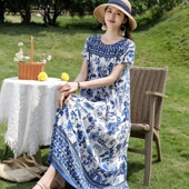 高端棉绸睡裙女夏季 女士优雅妈妈宽松家居服高级感柔软人造棉睡衣