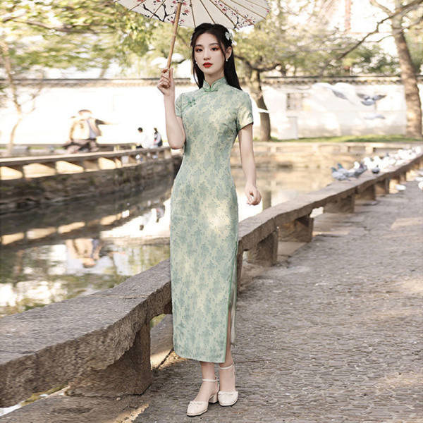 中式复古清新绿印花文艺改良旗袍夏古典少女气质淑女年轻款