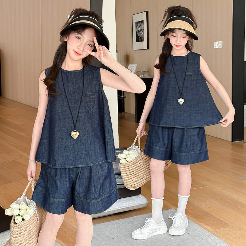 女童套装夏季2024新款洋气时髦牛仔背心韩系大童软牛仔短款两件套