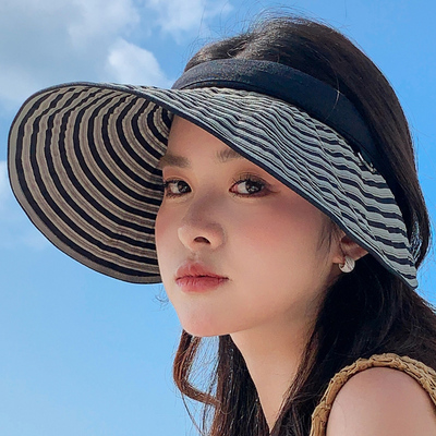 送防风绳的空顶条纹防晒帽子