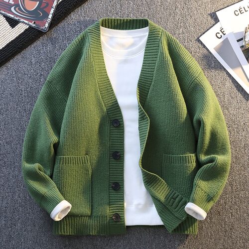 纯色V领毛衣外套男春秋季潮牌青少年简约休闲宽松百搭针织开衫