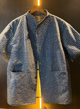 时尚立领蓝色格子衬衫潮牌男士夏季宽松休闲小众设计感衬衣