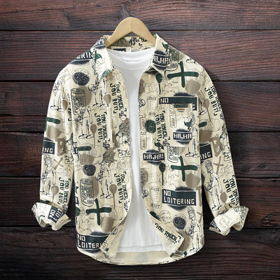 纯棉潮流印花长袖衬衫男士涂鸦休闲衬衣百搭文艺宽松上衣6781