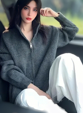 灰色立领针织开衫毛衣男春秋美式复古高级感潮牌痞帅宽松线衣外套