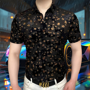 潮流时尚 轻奢高品质冰丝6D植绒烧花修身 薄款 夏季 衬衫 男士 短袖 新款