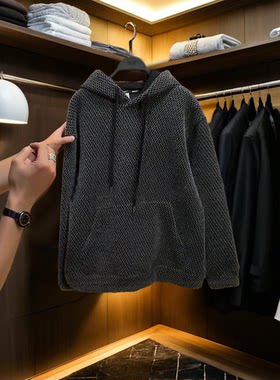 男士秋冬新款痞帅男装简约提花小格子抽绳连帽卫衣绒毛百搭潮