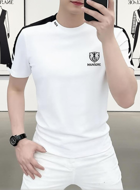 夏季新品轻奢圆领战马标黑白撞色短袖T恤上衣F2605