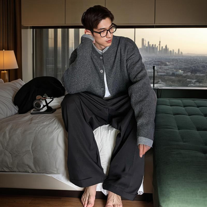 「双层假两件 老钱风」排扣开衫毛衣男秋冬针织加厚外套百搭