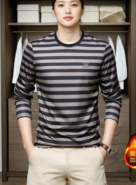 加绒条纹圆领长袖蓝色条纹男士T恤休闲男装打底衫时尚秋冬季