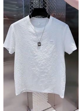 潮男夏季冰丝肌理感绣标圆领男士短袖时尚半袖百搭轻奢T恤男
