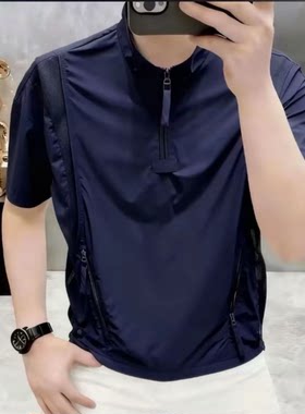 高档夏季男士立领半拉链速干透气短袖T恤时尚百搭半袖男装1239