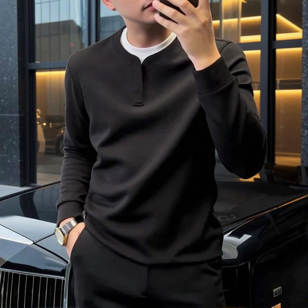 秋冬男士休闲卫衣2025高档商务撞色拼接长袖假两件时尚净版打底衫