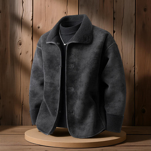 男款冬季加绒加厚棉衣翻领美式复古机车夹克棉服皮毛一体保暖外套