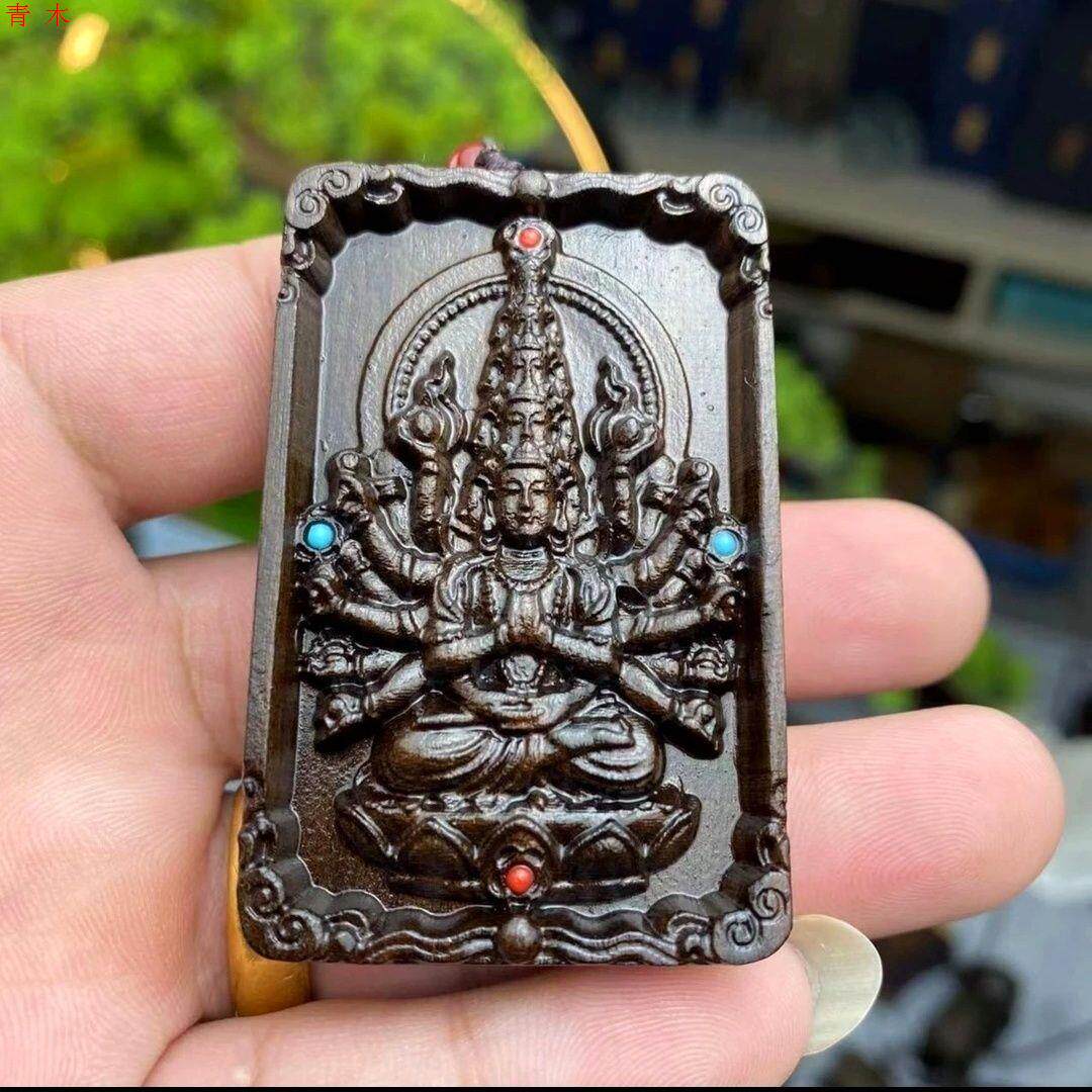 芽庄沉香千手观音镶嵌无事牌天然原木精雕手工雕刻吊坠转运佛像牌