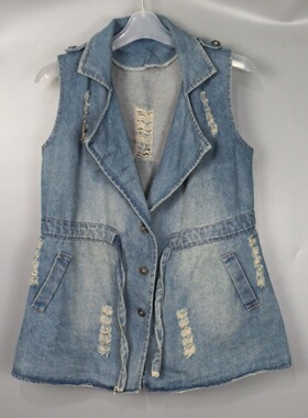 Vintage古着正品中古80s日本深蓝色水洗破洞腰带西装领牛仔马甲夹