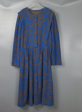 Vintage 古着正品80S日本中古蓝色秋冬季长袖中长款羊毛连衣裙