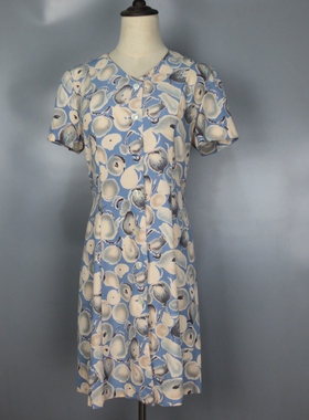 Vintage 古着正品penny jule蓝色植物印花中长款半袖系带连衣裙