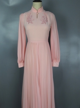 Vintage 古着正品80年代粉色修身百褶刺绣长袖旗袍领晚礼服连衣裙