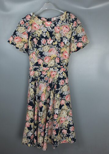 Vintage 古着正品HARTFORD中古90年代大花色腰带圆领中长款连衣裙
