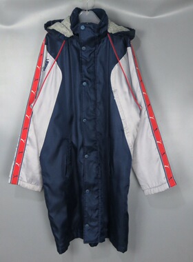 Vintage古着正品潮牌经典中古90S蓝色夹棉加绒运动中长款棉衣外套