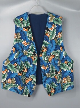 Vintage 古着正品春夏季中古90年代蓝色热带植物印花开衫马甲马夹