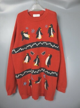 Vintage古着正品中古90s女款日本橘红色企鹅卡通提花宽松羊毛毛衣