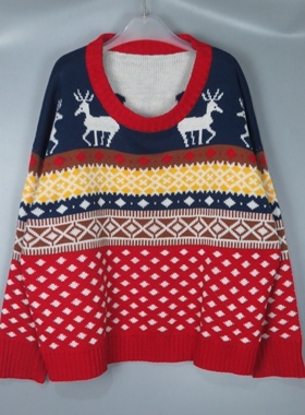 Vintage 古着正品中古90年代红色圣诞主题钩花大圆领落肩针织毛衣