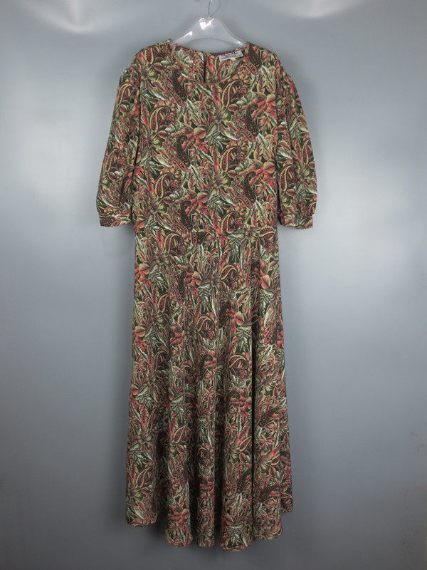 vintage 古着正品国货80年代红色大碎花七分袖松紧腰连衣裙长裙