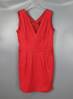 Vintage 古着正品中古红色深V露背羊皮真皮薄款中长无袖连衣裙