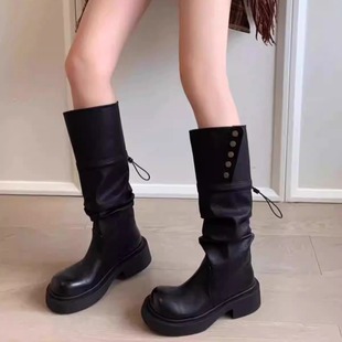 牛皮版 复古长筒靴两穿翻盖骑士靴厚底长靴子女粗跟西部牛仔靴女