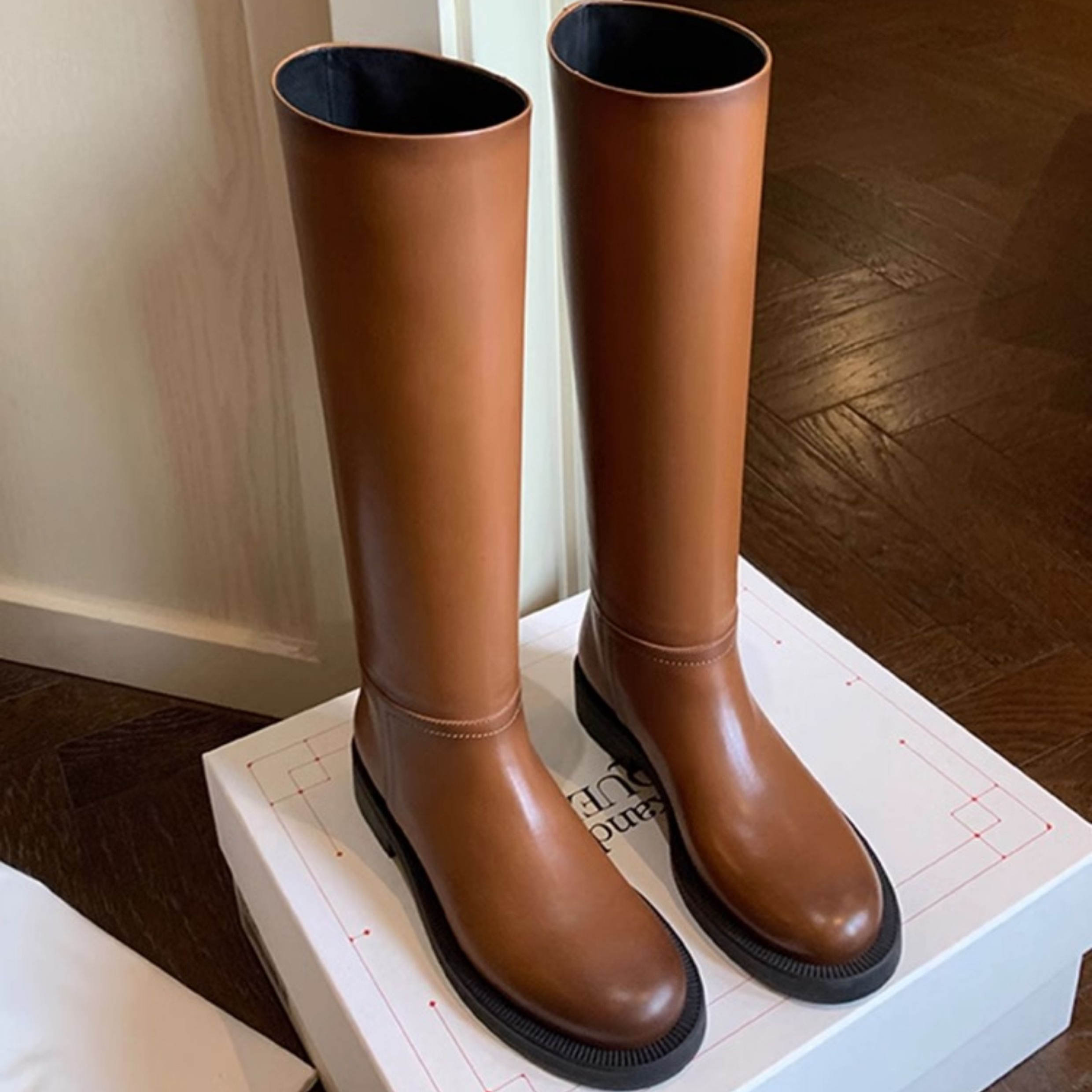 真皮棕色法式粗跟骑士靴2025秋冬