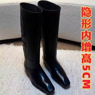 牛皮版~气质方头显瘦简约宽筒骑士靴女韩版内增高高级感中筒靴子