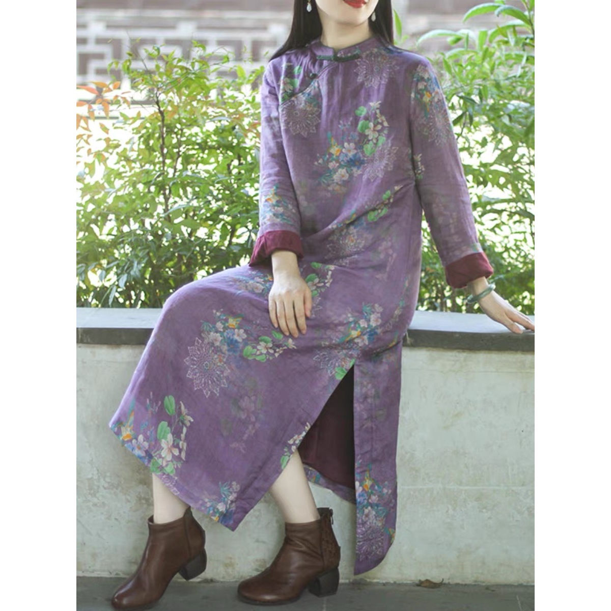 紫气东来 加绒加厚旗袍国风高端印花大码长裙连衣裙长袖长款秋冬