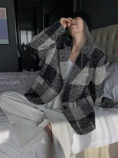 子毛呢西装 原创设计慵懒香风格 服外套宽松复古上衣 维希格纹 洛边