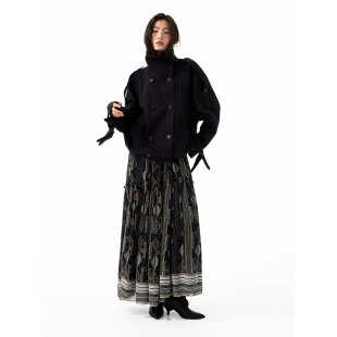 洛边 复古立领双排扣短外套女宽松廓形黑色风衣夹克 原创设计师款