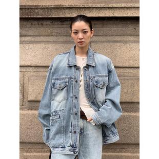 套装 洛边 重工做旧水洗牛仔外套初秋宽松百搭复古上衣宽松牛仔裤