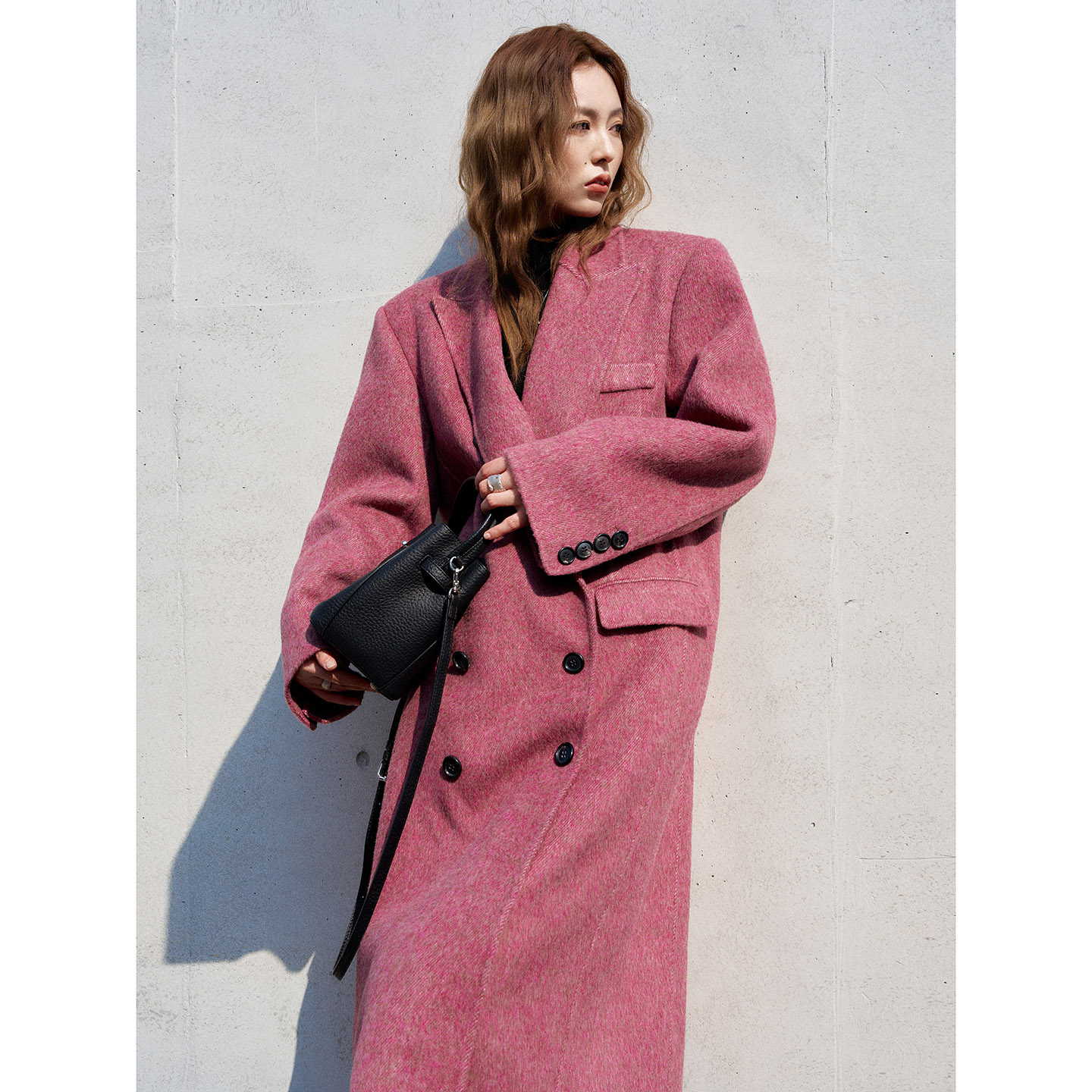 洛边 原创设计师款双面呢外套女中长款双排扣西装领毛呢大衣