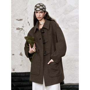 美拉德老钱风大衣 原创复古风牛角扣毛呢外套女中长款 洛边 咖啡豆