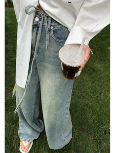 宽松直筒阔腿裤 女秋2025新款 系带加长牛仔裤 洛边水洗天丝大复古