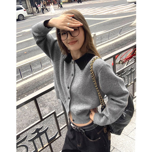 冬宽松显瘦针织上衣外套 拼接领设计羊毛毛衣开衫 洛边 小灰灰