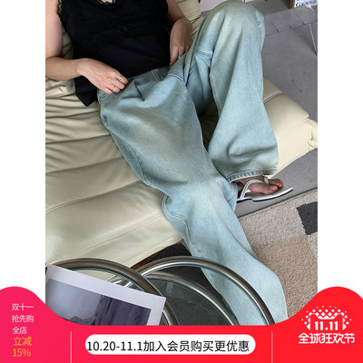 阔腿新款浅色初秋宽松拉链高腰