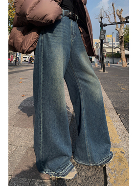 洛边 B入神裤 洗水做旧宽松显瘦牛仔裤高腰显高阔腿裤毛边裤子