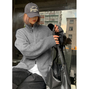 宽松显瘦秋冬新款 洛边 绵羊毛针织拉链毛衣小众设计师款