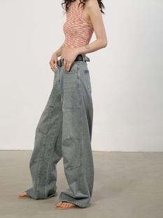 女高腰宽松直筒百搭裤 做旧牛仔裤 子显瘦拖地 环保水洗 洛边