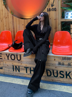 一条搞定 子显瘦黑色阔腿拖地裤 休闲工装 辣妹高腰百搭裤 女 裤 洛边